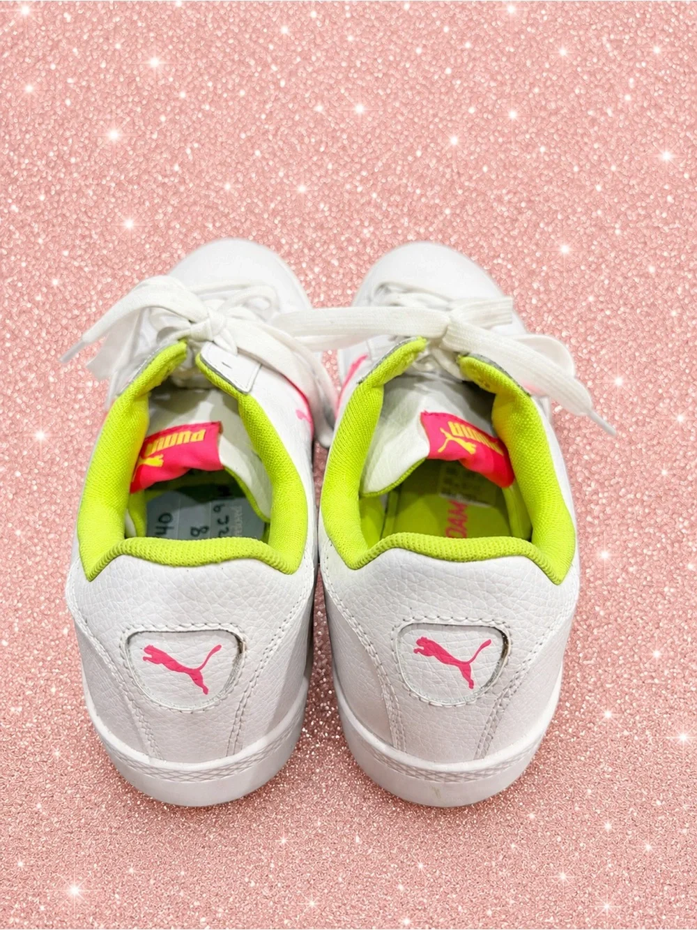 Puma White Leather Sneakers with Neon Pink & Lime Accents-size 7.5